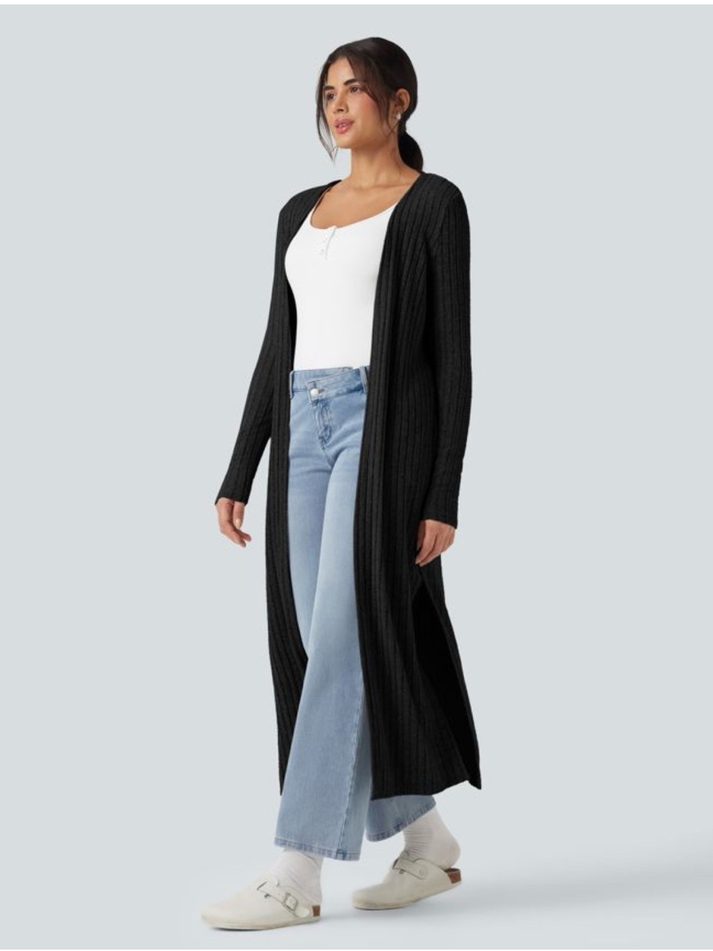HALARA Long Open-Front Ribbed Cardigan - Black